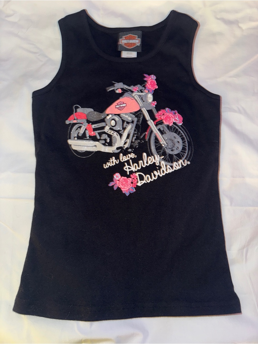 Harley-Davidson Black Tank Top with Pink Motorcycle & Floral Graphic